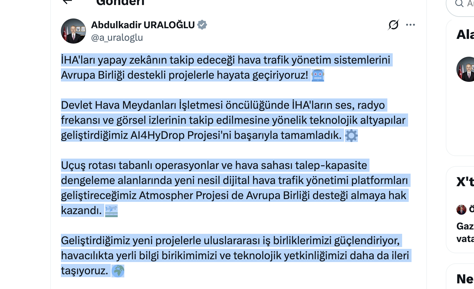 Uraloğlu: Hava trafiğinde yapay zeka destekli yeni dönem
