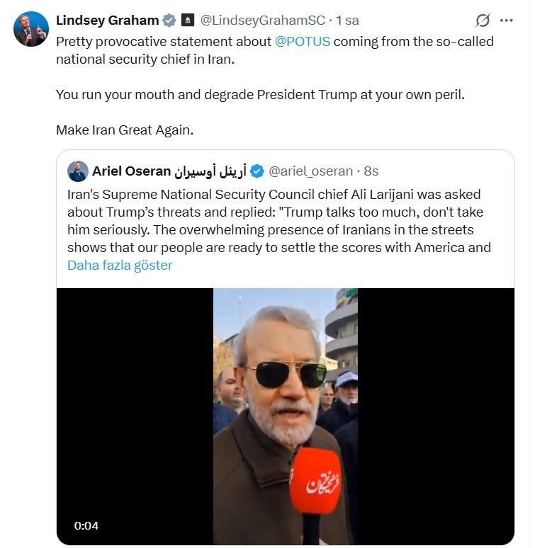 ABD’li Senatör Graham’dan İran’ın dini lideri Hamaney’in rejim yanlısı gösterileri ABD’ye uyarı olarak nitelemesine yanıt
ABD’li Senatör Graham’dan İran’ın dini lideri Hamaney’in rejim yanlısı gösterileri ABD’ye uyarı olarak nitelemesine yanıt