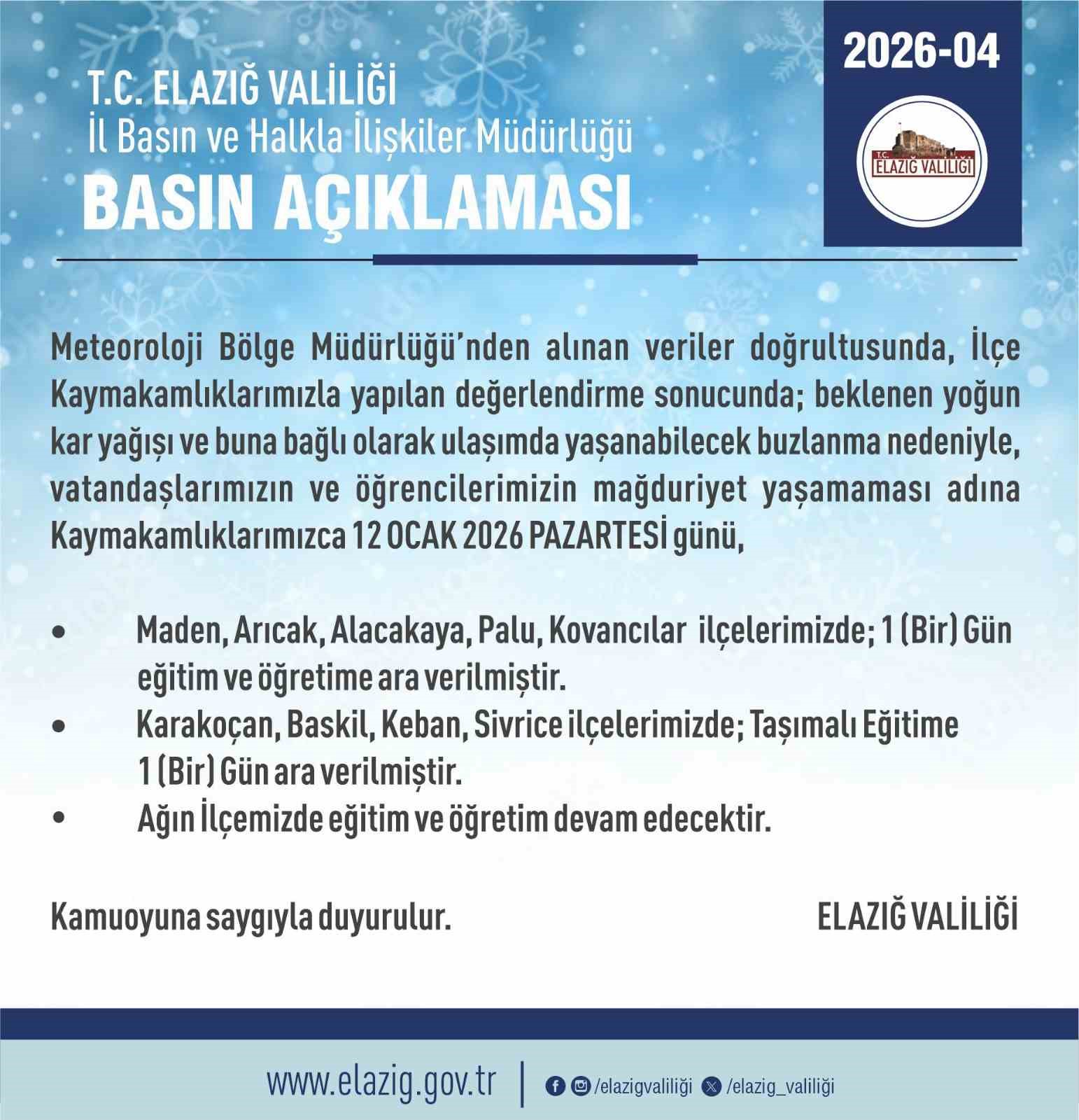 Elazığ’da 5 ilçede eğitim-öğretime ara verildi
Elazığ’da 5 ilçede eğitim-öğretime ara verildi