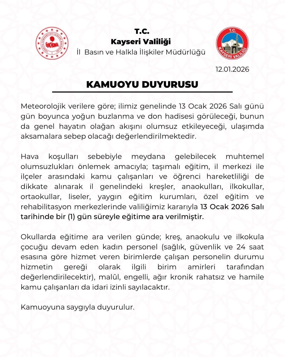 Kayseri’de eğitime 1 gün ara verildi
Kayseri’de eğitime 1 gün ara verildi